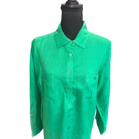 Peck & Peck Sustainable Linen Green Linen Button-Up Shirt Old Money Classic City - Picture 2 of 9